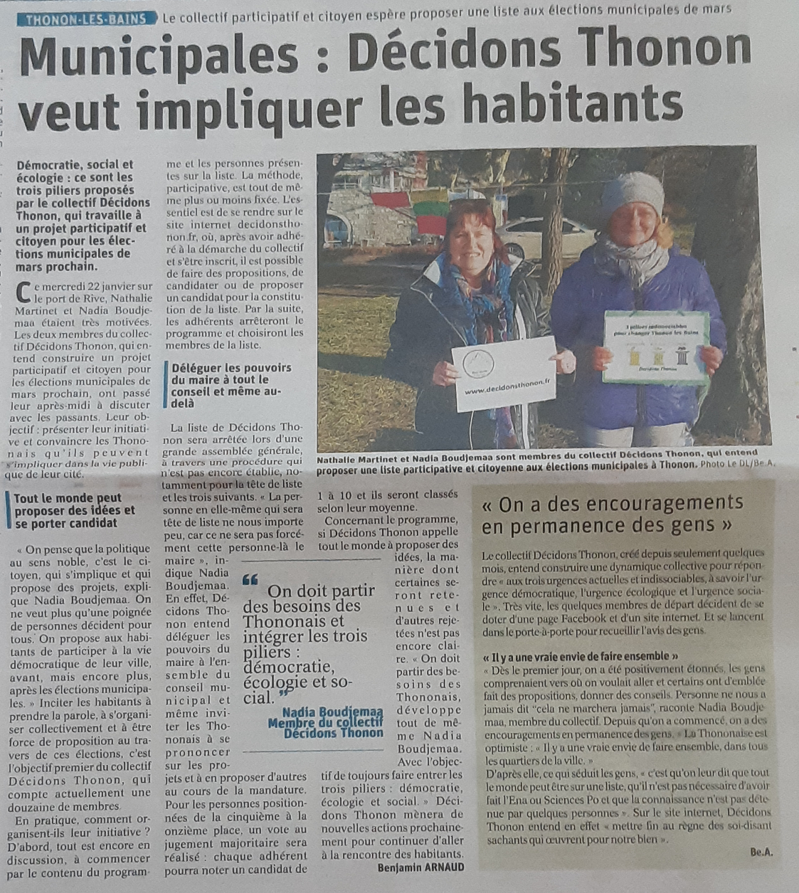 ARTICLE LE DAUPHINE 24 01 2020 DECIDONSTHONON